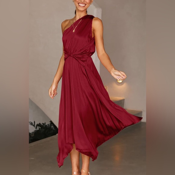 PRETTYGARDEN Long Satin Dress One Shoulder Sleeveless Ruched Twist Flowy Maxi - Picture 2 of 14
